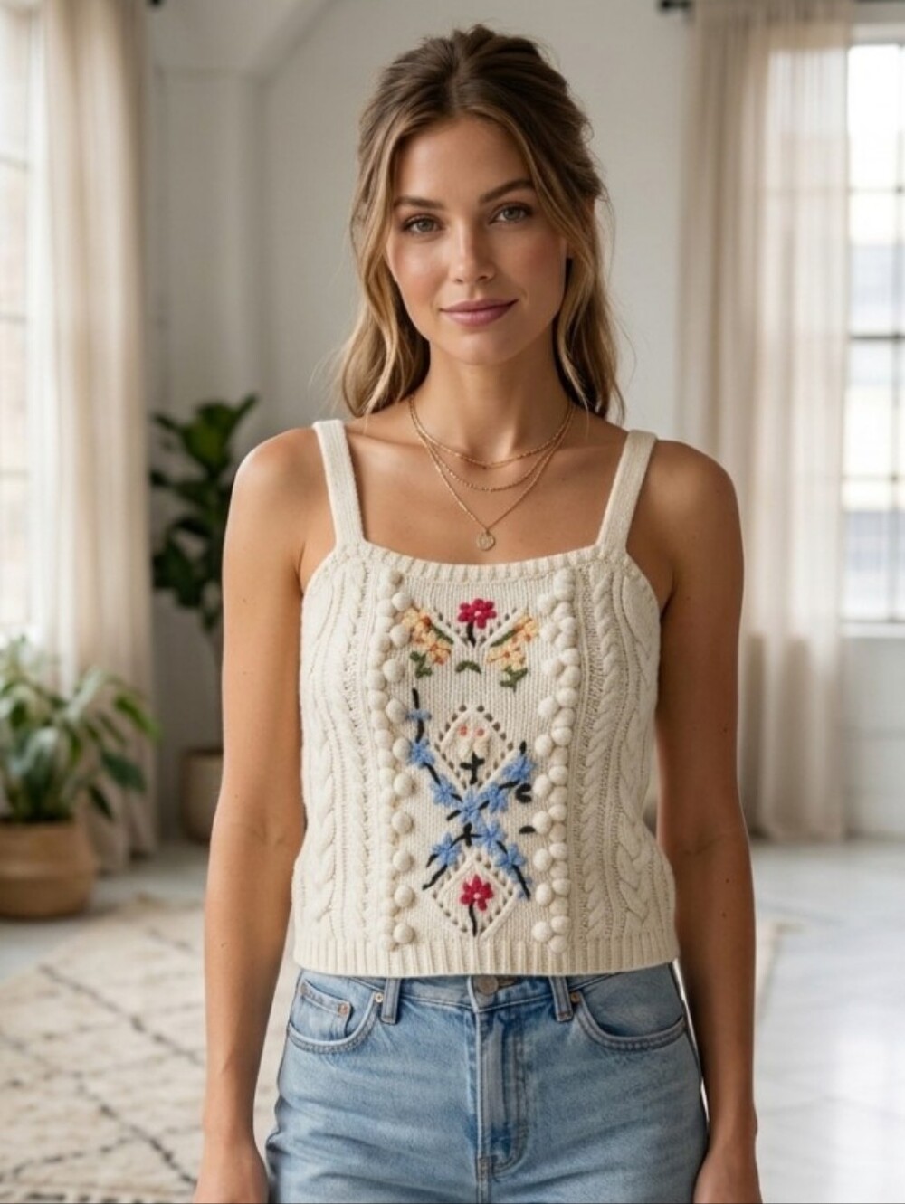 Polo by Ralph Lauren Cream Wool Blend Cable Knit Floral Embroidered Sweater Tank - Picture 7 of 7